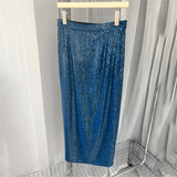 Getadme Zadig Summer Skirt Women Elegant Solid Color Blue Half Dress Female Stitching Spring Skirts Elastic Waist Pleated Lady Skitr