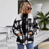 GETADME Zipper Cardigan Coats Outwear Lapel Plush Plaid Casual Fleece Jackets Women Autumn and Winter Jacket Loose Pockets Outwear