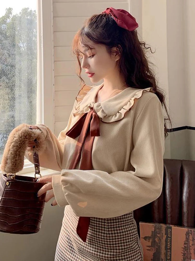 GETADME Zoki Sweet Bow Women Corduroy Shirt Vintage Peter Pan Collar Casual Blouse Korean Preppy Style Long Sleeve Spring Elegant Tops