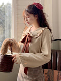 GETADME Zoki Sweet Bow Women Corduroy Shirt Vintage Peter Pan Collar Casual Blouse Korean Preppy Style Long Sleeve Spring Elegant Tops