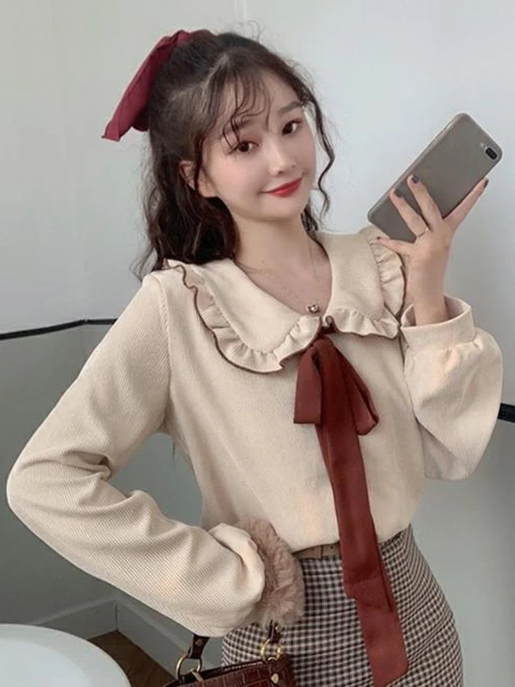GETADME Zoki Sweet Bow Women Corduroy Shirt Vintage Peter Pan Collar Casual Blouse Korean Preppy Style Long Sleeve Spring Elegant Tops