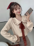 GETADME Zoki Sweet Bow Women Corduroy Shirt Vintage Peter Pan Collar Casual Blouse Korean Preppy Style Long Sleeve Spring Elegant Tops