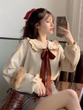 GETADME Zoki Sweet Bow Women Corduroy Shirt Vintage Peter Pan Collar Casual Blouse Korean Preppy Style Long Sleeve Spring Elegant Tops