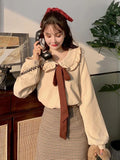 GETADME Zoki Sweet Bow Women Corduroy Shirt Vintage Peter Pan Collar Casual Blouse Korean Preppy Style Long Sleeve Spring Elegant Tops