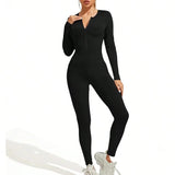 Getadme Fall new hot sale sexy bodysuit for women solid color ribbed long sleeve zipper bodycon sporty clothing rompers women's jumpsuit