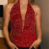 Getadme hirigin Sexy Glitter Sequin Tank Tops Women Y2K Fashion Deep V-neck Hollow Out Cropped Tops Tee Summer New Backless Beach Tops