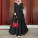 Cross-Border Muslim Solid Color Round Neck Long Sleeve Fashionable Dress With Belt Kaftan Style Casual Ethnic Wear