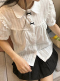 GETADME-Kawaii White Lolita Lace Blouse Women Gothic Preppy Style Vintage Peter Pan Collar Short Sleeve Shirt Girl Summer Cute Top Mujer