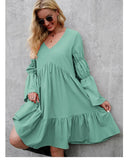 Getadme 여성 캐주얼 긴팔 드레스 V넥 루즈 플로잉 드레스 러플 인형 드레스 코튼 드레스 티셔츠 드레스