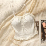 Y2k Tops French Floral Wood Ear-hem Camisole Women's Outer Wear with Breathable Lace Back-beautiful Underwear for Summer