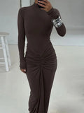 솔리드 섹시 드레스 여성 가을 ​​신상품 스트리트 패션 폴드 O넥 긴팔 캐주얼 슬림 맥시 드레스 우아한 니트 드레스