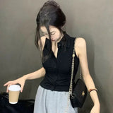 GETADME-Women's Short Sleeveless Polo Collar Slim Fit Shirt V-neck Hong Kong Style Outerwear Summer Wear Folded Collar Single Button