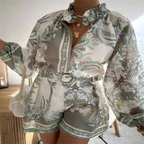 GETADME-시크한 프린트 여성용 반바지 정장 라플 싱글 브레스티드 풀슬리브 셔츠 신축성 허리 반바지 여성 세트 여름 아웃웨어