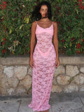 GETADME-Dulzura See Through Ruffled Patchwork Lace Cami Maxi Dress Sleeveless Sexy Long Dress Party Club  Autumn Y2K
