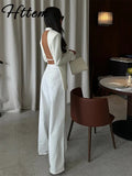 GETADME-Sexy Backless Blazers Coat Women White Lapel Hidden Buckle Long Sleeve Pocket Coats Female 2025 Summer Lady Outwear