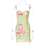 GETADME-Hugcitar 플로럴 프린트 러플 스트랩리스 우아하고 섹시하며 슬림한 귀여운 미니 드레스 여름 여성 패션 의상 해변 축제 생일