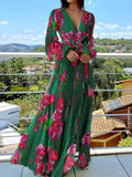 Vintage Floral Print Elegant Dress Puff Sleeve V-Necl Slim Boho Casual Cutout Spring Plus Size Long Dresses for Women 2024