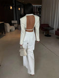 GETADME-Sexy Backless Blazers Coat Women White Lapel Hidden Buckle Long Sleeve Pocket Coats Female 2025 Summer Lady Outwear