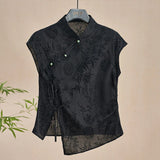 GETADME-Retro Thin Shirt New Chinese Style Cheongsam Top Black Jacquard Short Sleeve T-shirt Summer Mature Fashion Women's Clothing