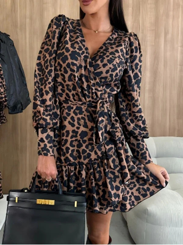 Getadme Women's Leopard Printed Dresses V-Neck Lace Up Bubble Long Sleeved Sexy Dress Elegant Dating Autumn Mini Dress