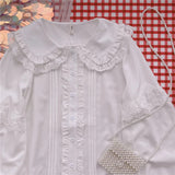 GETADME-로리타 셔츠 화이트 우아한 여성 프레피 스타일 블라우스 귀여운 피터팬 칼라 레이스 러플 JK 셔츠 여아 ​​긴팔 블라우스 무제