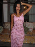 GETADME-Dulzura See Through Ruffled Patchwork Lace Cami Maxi Dress Sleeveless Sexy Long Dress Party Club  Autumn Y2K