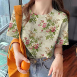 Women's Flower T-shirt Fashion Crew Neck Clothing Casual Comfort Short Sleeved Summer Loose Breathable Top Women's T-shirt