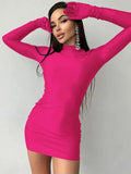 Solid Long Sleeve With Gloves Mini Dress Bodycon Sexy Streetwear Party Half Turtleneck Outfits Y2K Clothes Wholesale