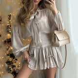 GETADME Wefads 여성 투피스 세트 우아한 오피스 솔리드 롱 랜턴 슬리브 레이스업 반투명 셔츠 탑 미니 플리츠 스커트 세트