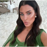 Women Sexy Chiffon Green Ruffles Split Dress V-neck Long Sleeve A Line Mini Dresses 2025 Female Holiday Beach Vacation Vestidos