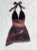 GETADME-2025 Europe and the United States Fashion Gauze Printed Neck Sleeveless Sexy Tight Deep V Short Sexy Pure Backless Dress