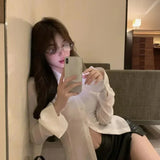 GETADME-Sexy Slim Flared Sleeve Women's Shirt Solid Lapel Single-breasted Back Bandage Tunic Female Blouses Spring Trend New Lady