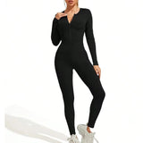 Getadme Fall new hot sale sexy bodysuit for women solid color ribbed long sleeve zipper bodycon sporty clothing rompers women's jumpsuit