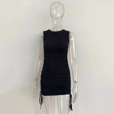 Getadme 섹시 레이스업 드로스트링 폴드 니트 슬림 바디콘 드레스 여성 민소매 솔리드 컬러 스키니 드레스 우아한 클럽 파티 베스디소