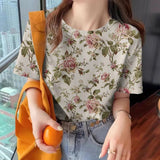 Women's Flower T-shirt Fashion Crew Neck Clothing Casual Comfort Short Sleeved Summer Loose Breathable Top Women's T-shirt
