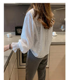 Getadme Vintage style lace shirt Flare sleeve Hollow out White blouse Casual clothing New fashion Women lace Tops Blusa
