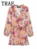 TRAF Womens Dresses Flower Print Elegant Short Dress Spring 2025 New Ruffles Mini Dress Women Long Sleeve Evening Party Dresses