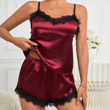 GETADME-Champagne solid color Women Ice Silk Pajamas Sleepwear Pajama Set Satin Camisole Shorts  Low Cut Comfortable Casual Summer