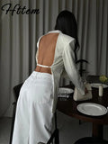 GETADME-Sexy Backless Blazers Coat Women White Lapel Hidden Buckle Long Sleeve Pocket Coats Female 2025 Summer Lady Outwear
