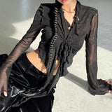 GETADME-Long Flare Sleeve Blouses for Women Lace-up Mesh Sexy Sweet Hot Girls Korean Fashion Style All-match Solid Design Elegant Casual