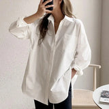 GETADME-Office Lady Elegant White Casual Loose Blouses Fashion New Cotton Long Sleeve Women Shirt Turndown Collar Tops