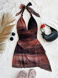 GETADME-2025 Europe and the United States Fashion Gauze Printed Neck Sleeveless Sexy Tight Deep V Short Sexy Pure Backless Dress