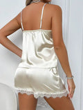 GETADME-Champagne solid color Women Ice Silk Pajamas Sleepwear Pajama Set Satin Camisole Shorts  Low Cut Comfortable Casual Summer