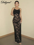 GETADME-Dulzura See Through Ruffled Patchwork Lace Cami Maxi Dress Sleeveless Sexy Long Dress Party Club  Autumn Y2K