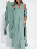 2025 New Solid Color Pullover V-Neck Beach Resort Elegant Long Dress Loose Sleeve Cardigan Casual Two Piece Se t