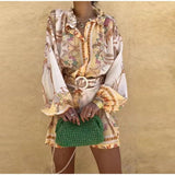 GETADME-시크한 프린트 여성용 반바지 정장 라플 싱글 브레스티드 풀슬리브 셔츠 신축성 허리 반바지 여성 세트 여름 아웃웨어