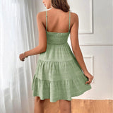 GETADME-보헤미안 비치 선드레스 여성 섹시 민소매 백리스 빅 스윙 미니 드레스 솔리드 스파게티 스트랩 러플 드레스 베스티도