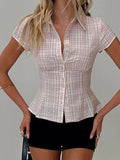 GETADME-hirigin Women's Y2K Short Sleeve Plaid Button Down Shirt Button Down Blouses Tops Casual Summer Shirt Tops 90s Streetwear