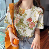 Women's Flower T-shirt Fashion Crew Neck Clothing Casual Comfort Short Sleeved Summer Loose Breathable Top Women's T-shirt