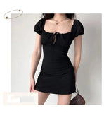 GETADME-여름 섹시 미니 드레스 여성 반팔 레이스업 홀로우 캐주얼 백리스 폴드 바디콘 블랙 드레스 파티 우아한 A라인 드레스
